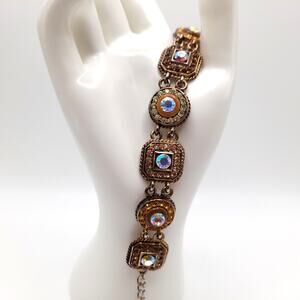 Medallion Rhinestone Bracelet, Topaz Aurora Borealis, 7 1/2" to 9 1/2 "
